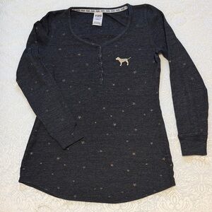 PINK Victoria’s Secret Long Sleeve Henley Sleep Shirt with Gold Dog Logo